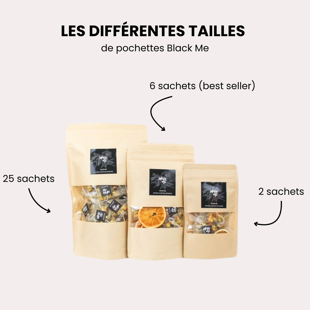 Les trois tailles de pochettes Black Me : 25, 6 et 2 sachets