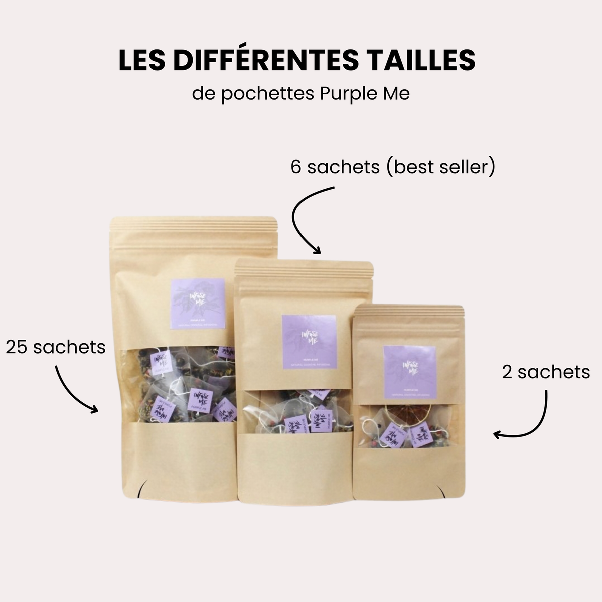 Les trois tailles de pochettes Purple Me : 25, 6 et 2 sachets
