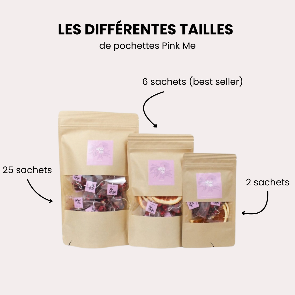 Les trois tailles de pochettes Pink Me : 25, 6 et 2 sachets