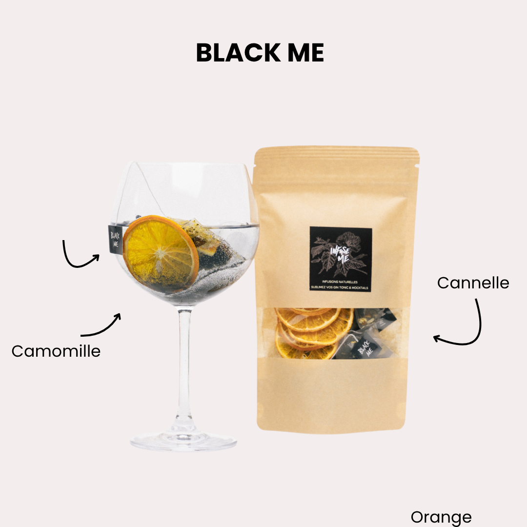 Black Me : cocktail camomille, orange et cannelle avec sa pochette Infuse Me