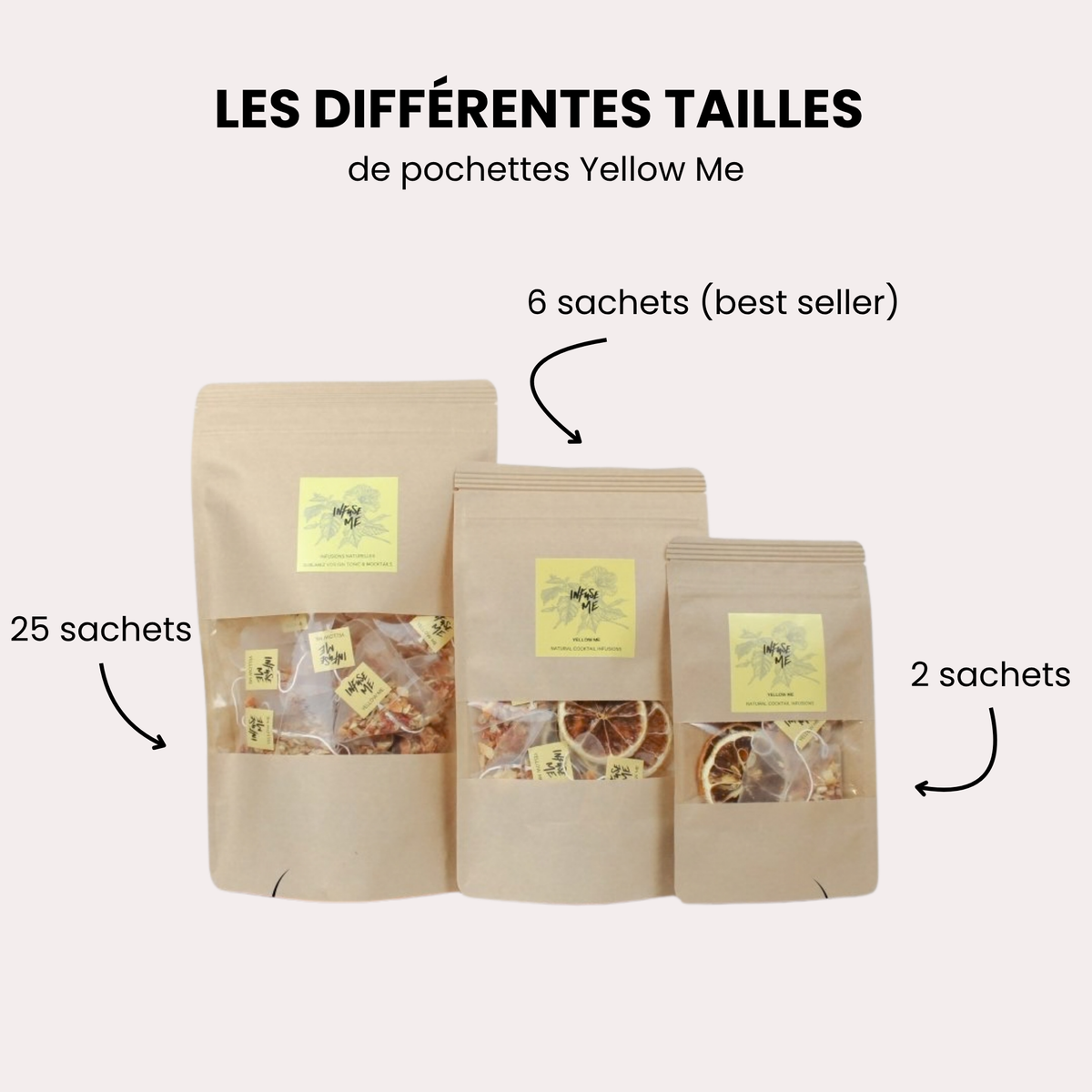 Les trois tailles de pochettes Yellow Me : 25, 6 et 2 sachets