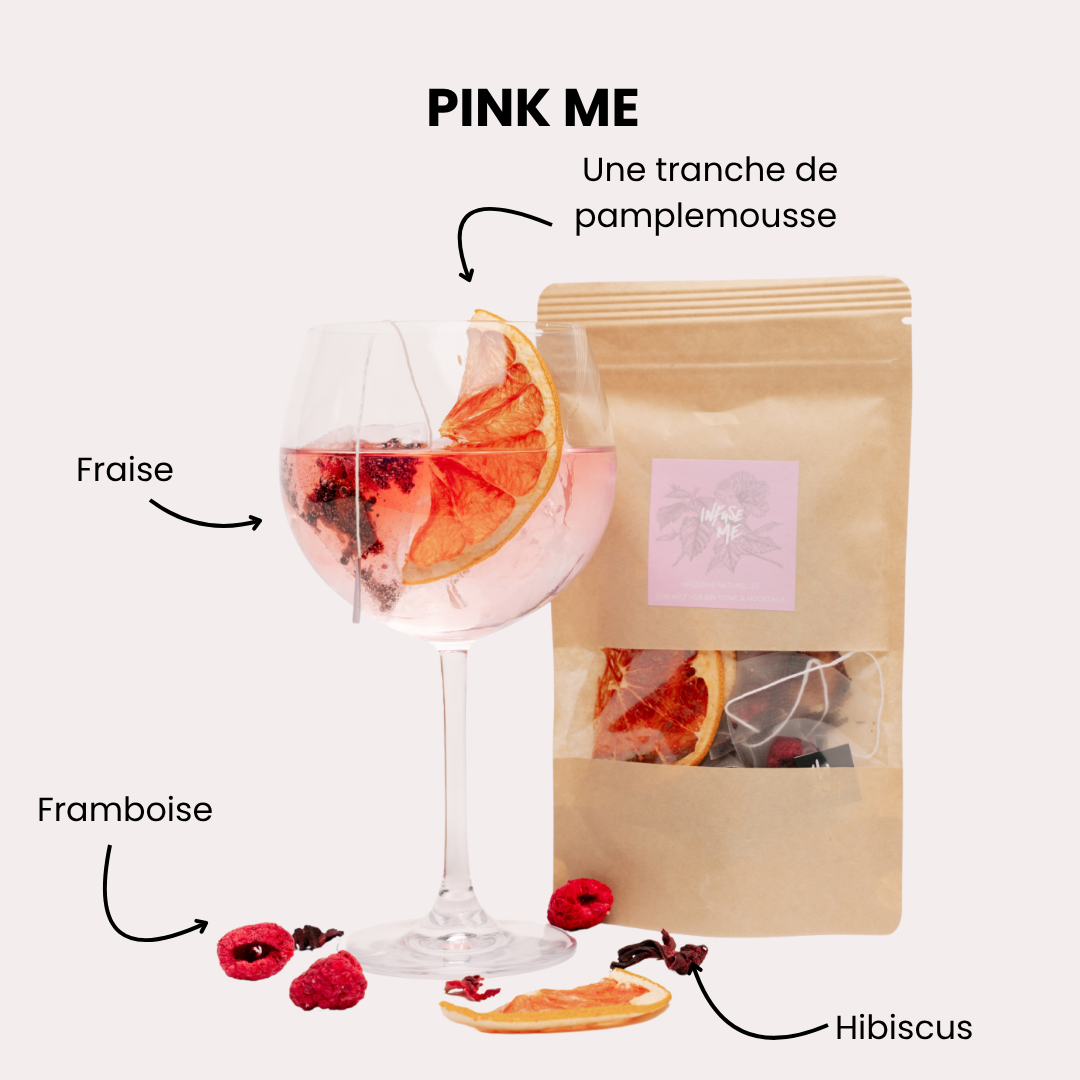 Pink Me : cocktail fraise, framboise et hibiscus avec sa pochette Infuse Me
