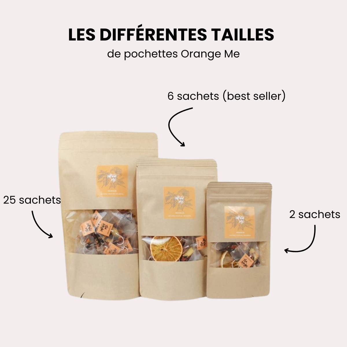 Les trois tailles de pochettes Orange Me : 25, 6 et 2 sachets