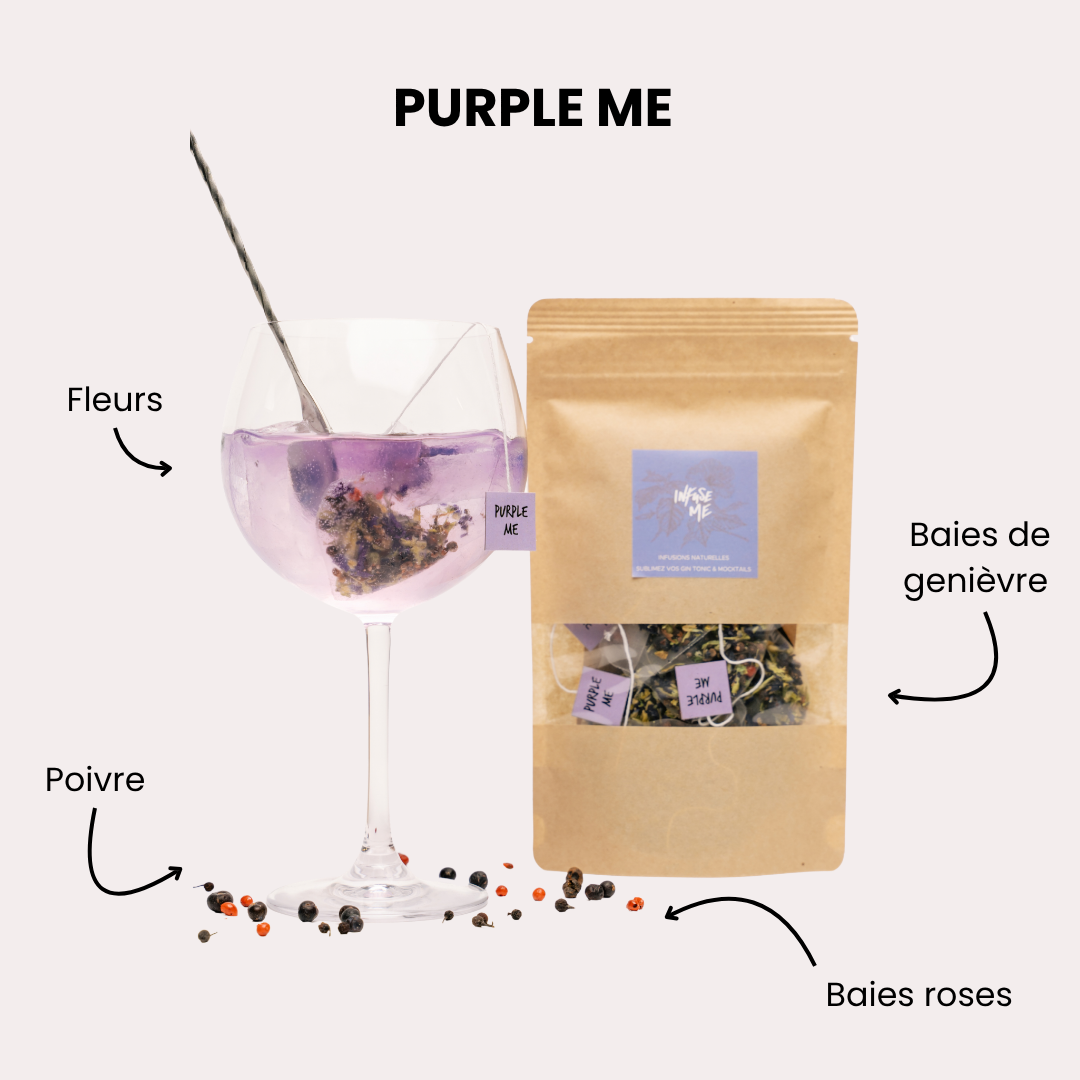 Purple Me : cocktail fleurs, poivre, baies roses et baies de genièvre avec sa pochette Infuse Me