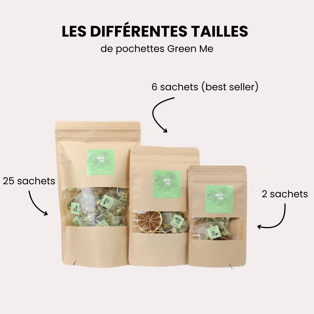 Les trois tailles de pochettes Green Me : 25, 6 et 2 sachets