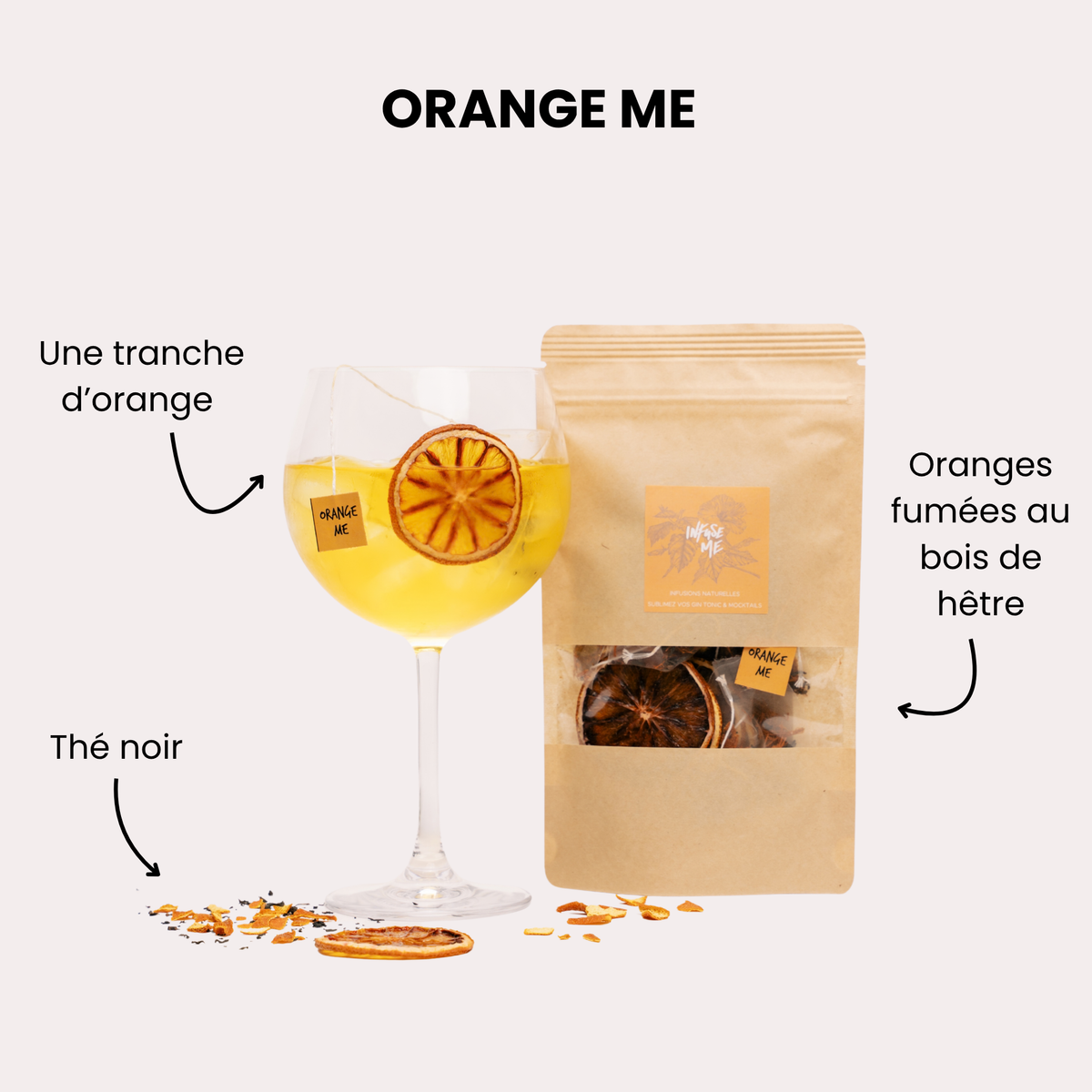 Orange Me : cocktail oranges fumées et thé noir avec sa pochette Infuse Me