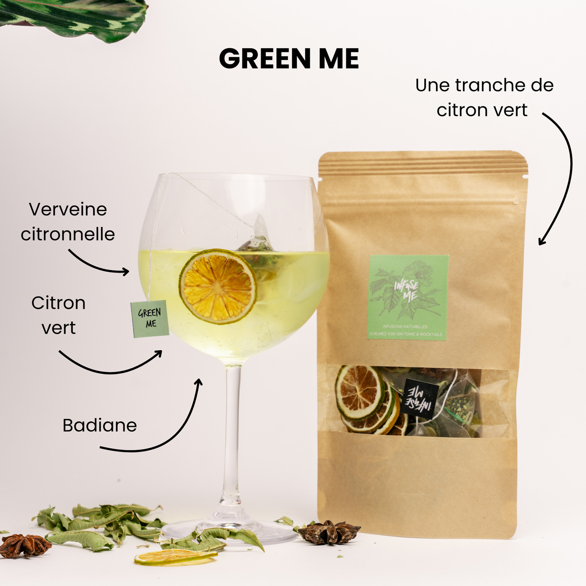 Green Me : cocktail verveine, citronnelle, citron vert et badiane avec sa pochette Infuse Me